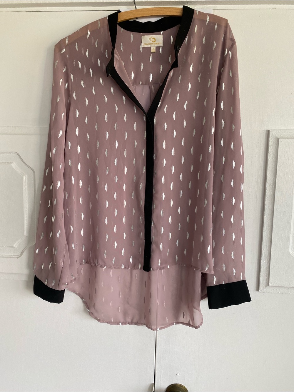 Collective Concepts Sheer Pink Blouse with Black Trim and Silver Accents